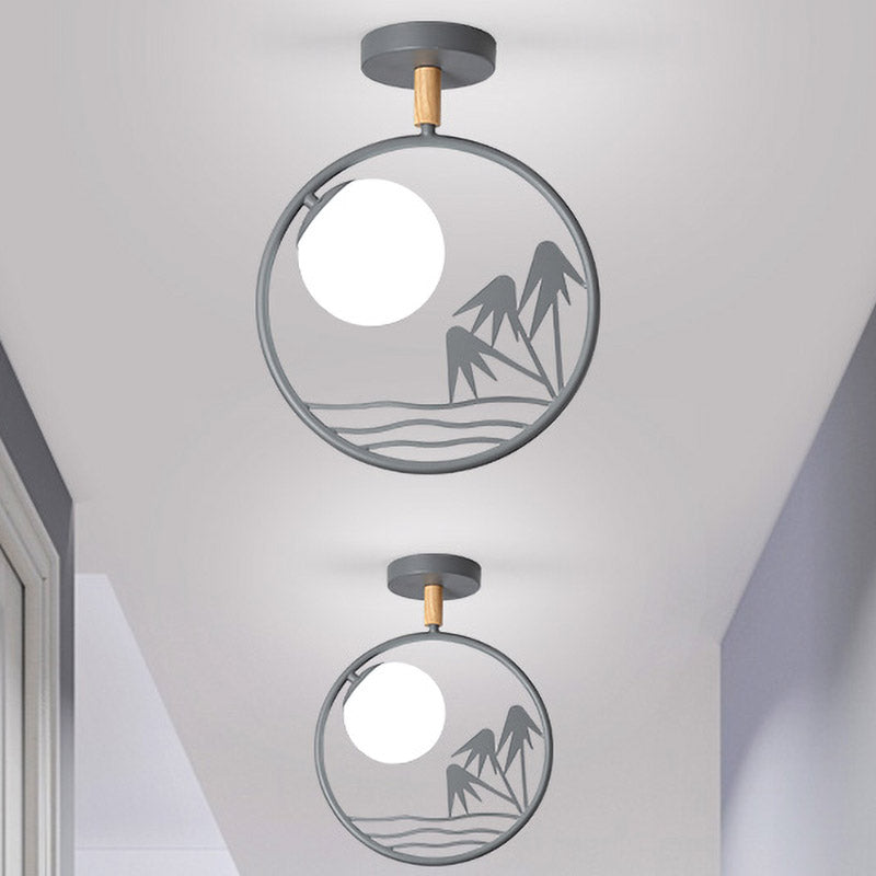 Iron Loop Semi Mount Lighting Macaron 1 Light White/Grey/Green Finish Ceiling Flush with Ball Opal Glass Shade