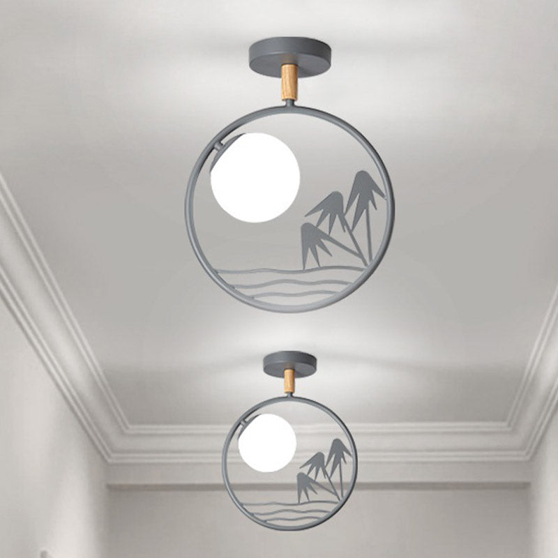 Iron Loop Semi Mount Lighting Macaron 1 Light White/Grey/Green Finish Ceiling Flush with Ball Opal Glass Shade