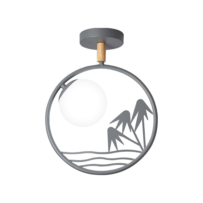 Iron Loop Semi Mount Lighting Macaron 1 Light White/Grey/Green Finish Ceiling Flush with Ball Opal Glass Shade