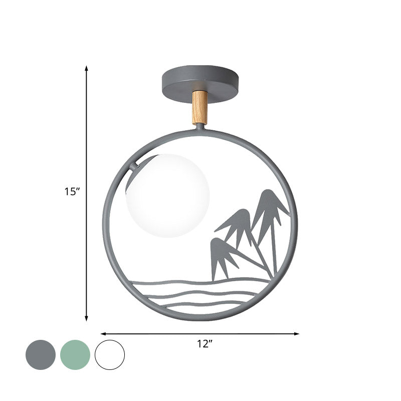 Iron Loop Semi Mount Lighting Macaron 1 Light White/Grey/Green Finish Ceiling Flush with Ball Opal Glass Shade
