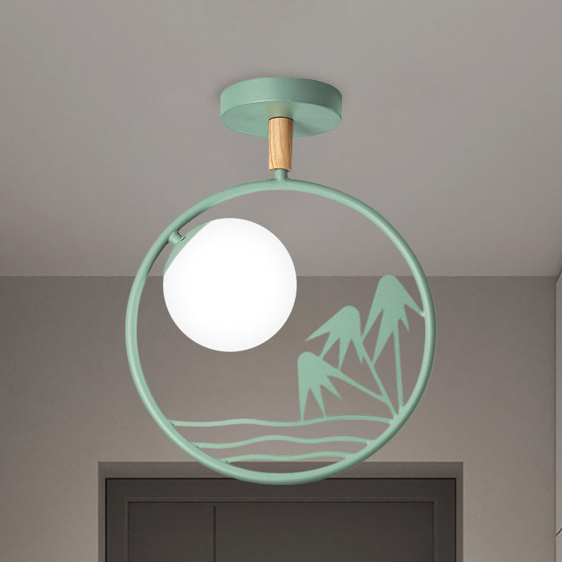 Iron Loop Semi Mount Lighting Macaron 1 Light White/Grey/Green Finish Ceiling Flush with Ball Opal Glass Shade