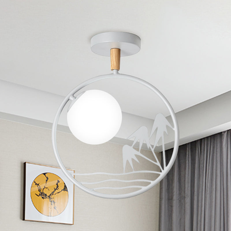 Iron Loop Semi Mount Lighting Macaron 1 Light White/Grey/Green Finish Ceiling Flush with Ball Opal Glass Shade