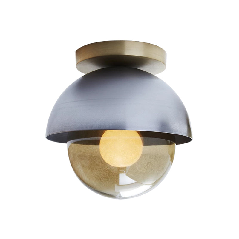 Metal Dome Flush Ceiling Light Postmodern 1-Light Grey Flushmount Lamp with Orb Amber Glass Shade