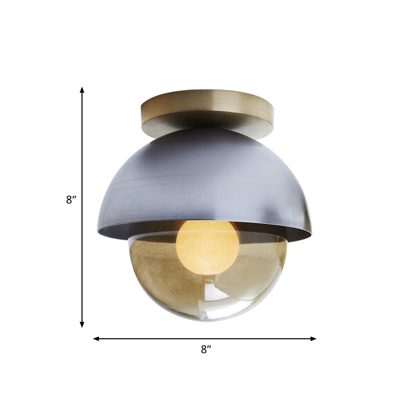Metal Dome Flush Ceiling Light Postmodern 1-Light Grey Flushmount Lamp with Orb Amber Glass Shade