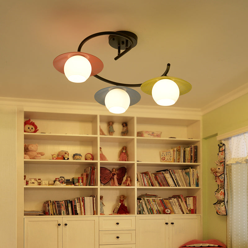 Saucer Semi Flush Light Modernist Red-Yellow-Blue Glass 3 Heads Black Spiral Flush Mount Lamp with Global Shade