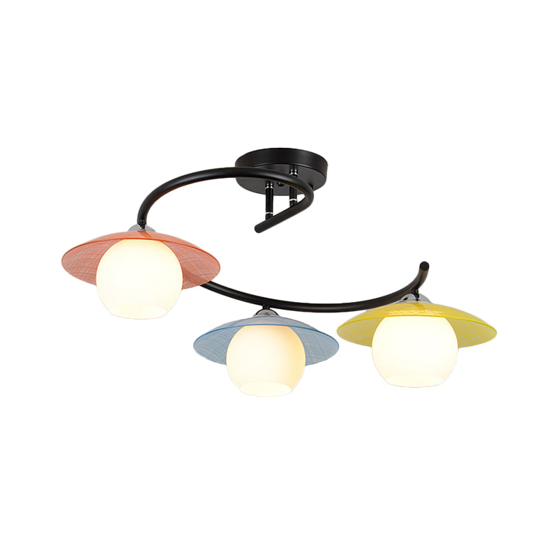 Saucer Semi Flush Light Modernist Red-Yellow-Blue Glass 3 Heads Black Spiral Flush Mount Lamp with Global Shade
