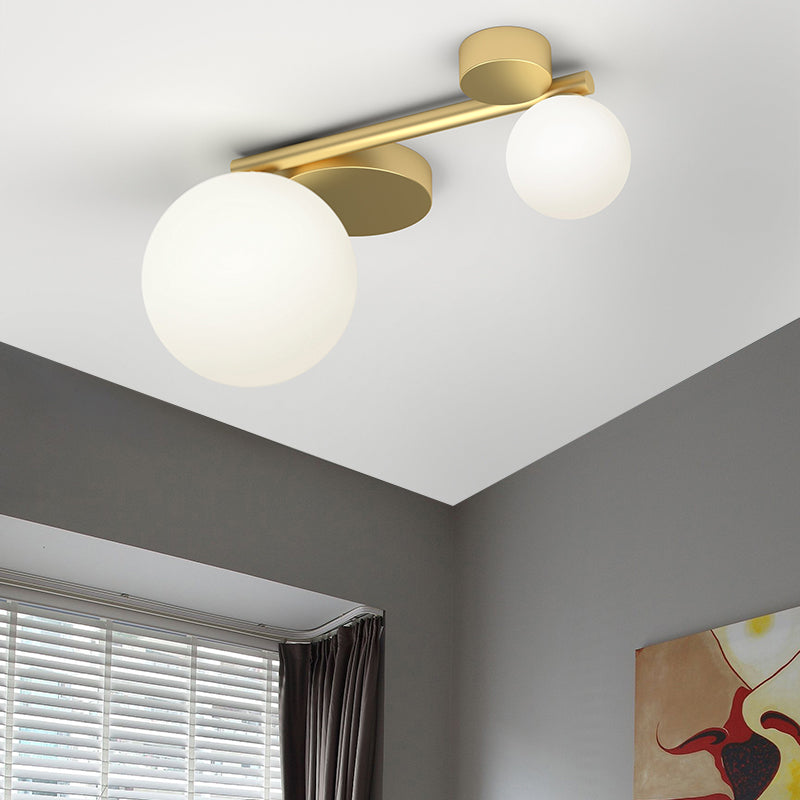 Opal Glass Ball Flushmount Post-Modern 2 Lights Brass Finish LED Flush Mount Ceiling Lamp