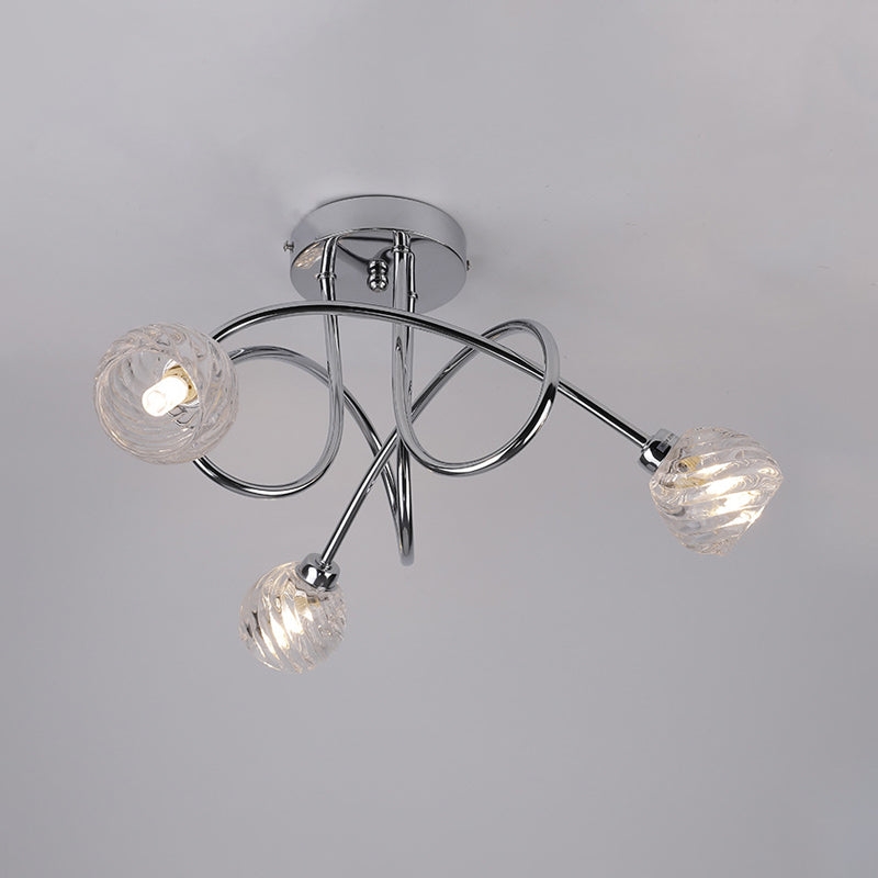 Modernism Pineapple Semi Mount Lighting Clear Glass 3 Lights Bedroom LED Close to Ceiling Lamp with Chrome Twisted Arm