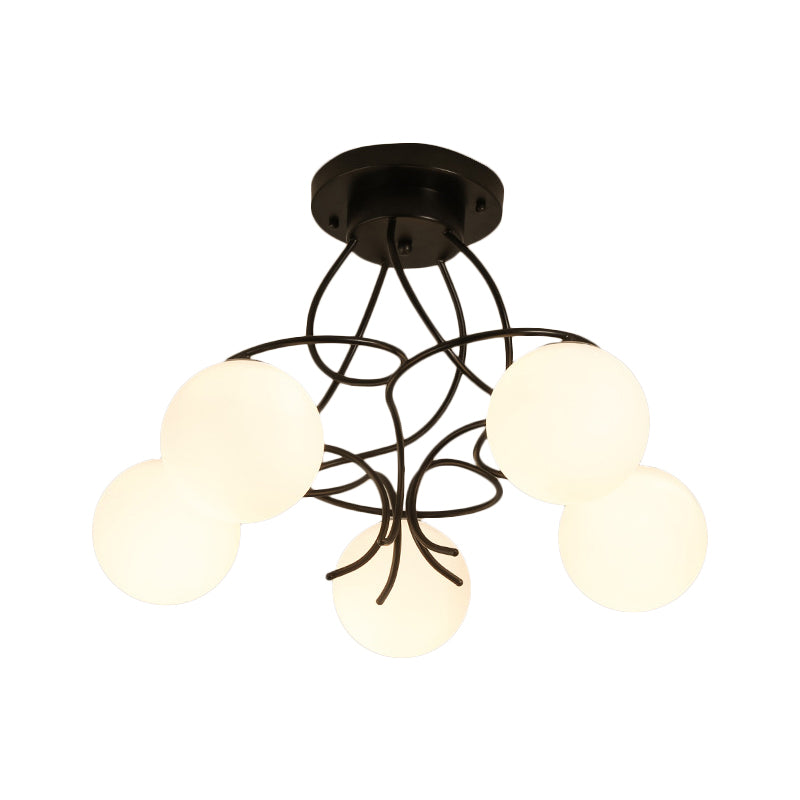 Iron Swirling Semi Flush Mount Modernism 5 Heads Black/White Finish Flush Ceiling Light with Globe Opal Glass Shade