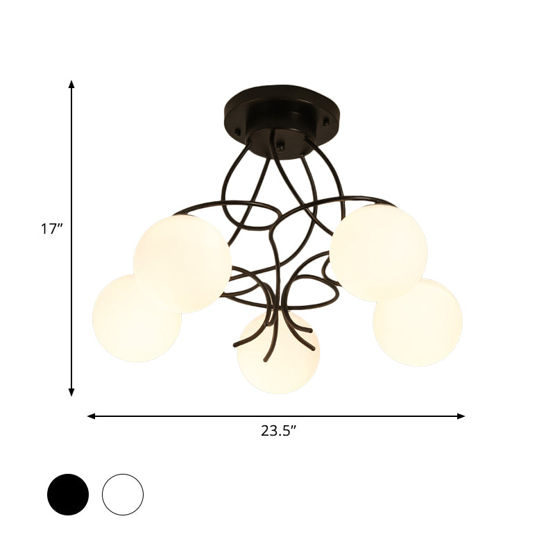 Iron Swirling Semi Flush Mount Modernism 5 Heads Black/White Finish Flush Ceiling Light with Globe Opal Glass Shade