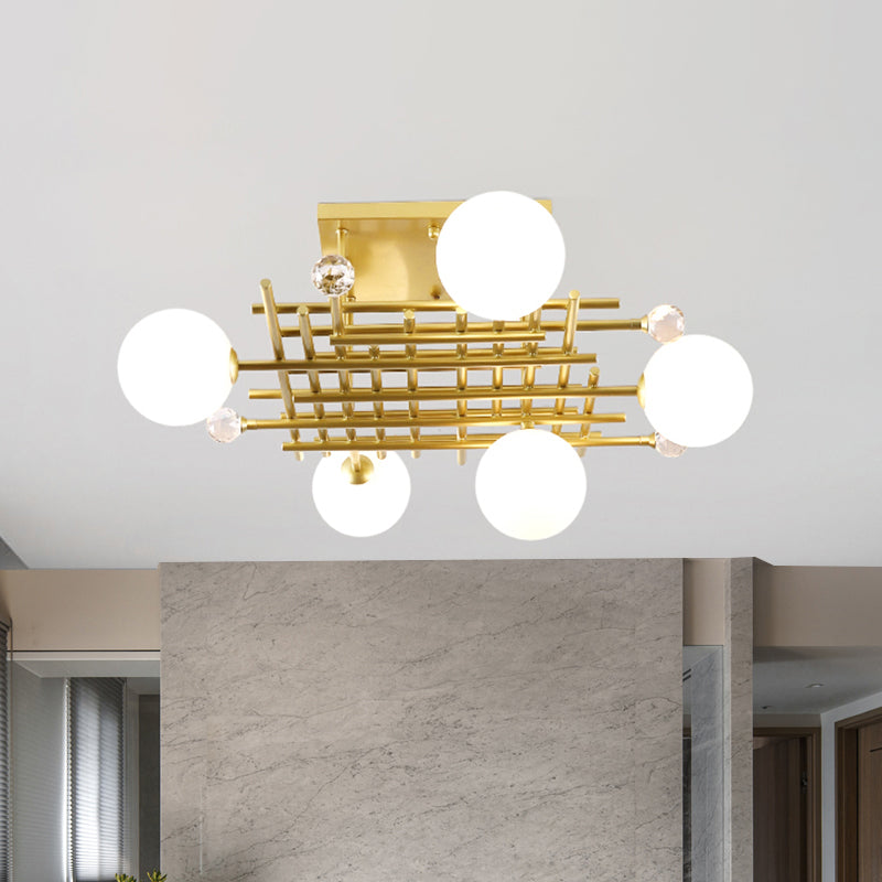 Crossing Linear Semi Flush Light Designer Metallic 5 Lights Brass Flush Mount Ceiling Lamp with Crystal Ball Deco