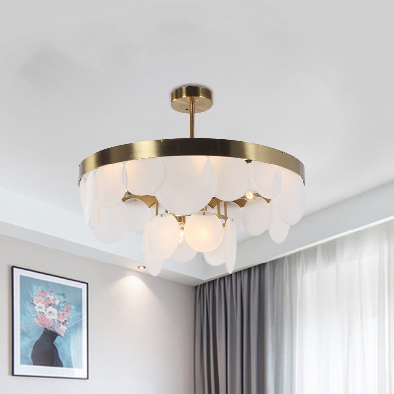 Post-Modern Circle Panel Semi Flushmount White Glass 6 Bulbs Bedroom Ceiling Flush Mount in Brass with Ring Design