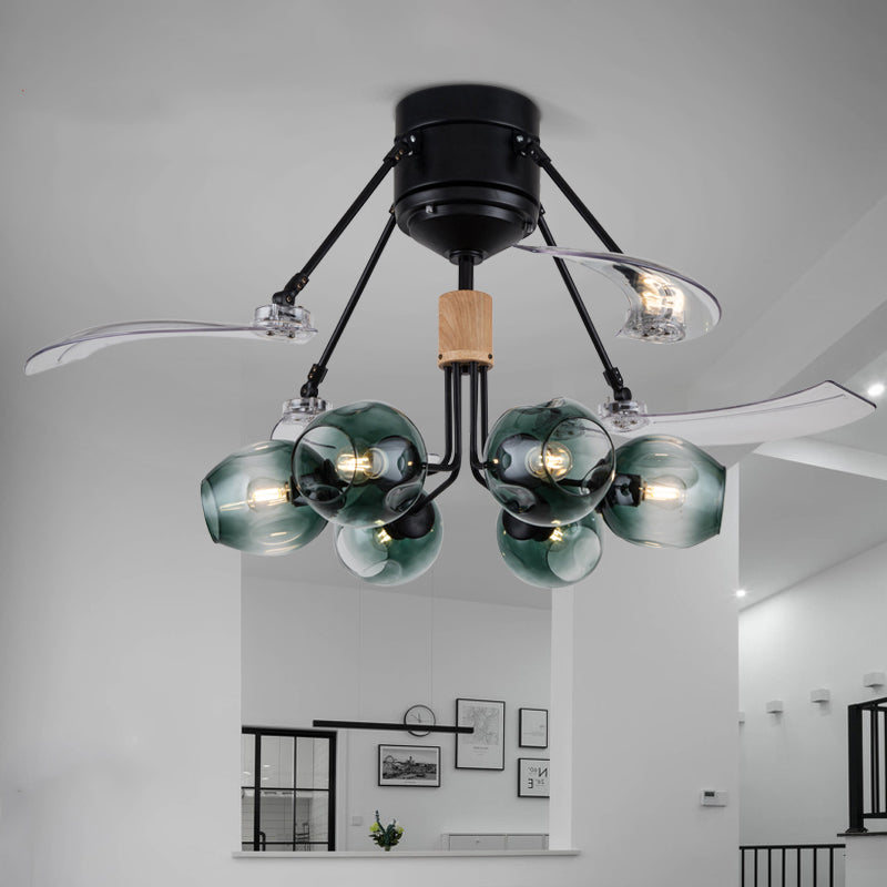 48 "W Bud Deckenventilator Leichter modernistisches grünes Grübchen Glas 6 Lichter Schwarze Halbflush -Mount -Lampe mit 3 klaren Klingen