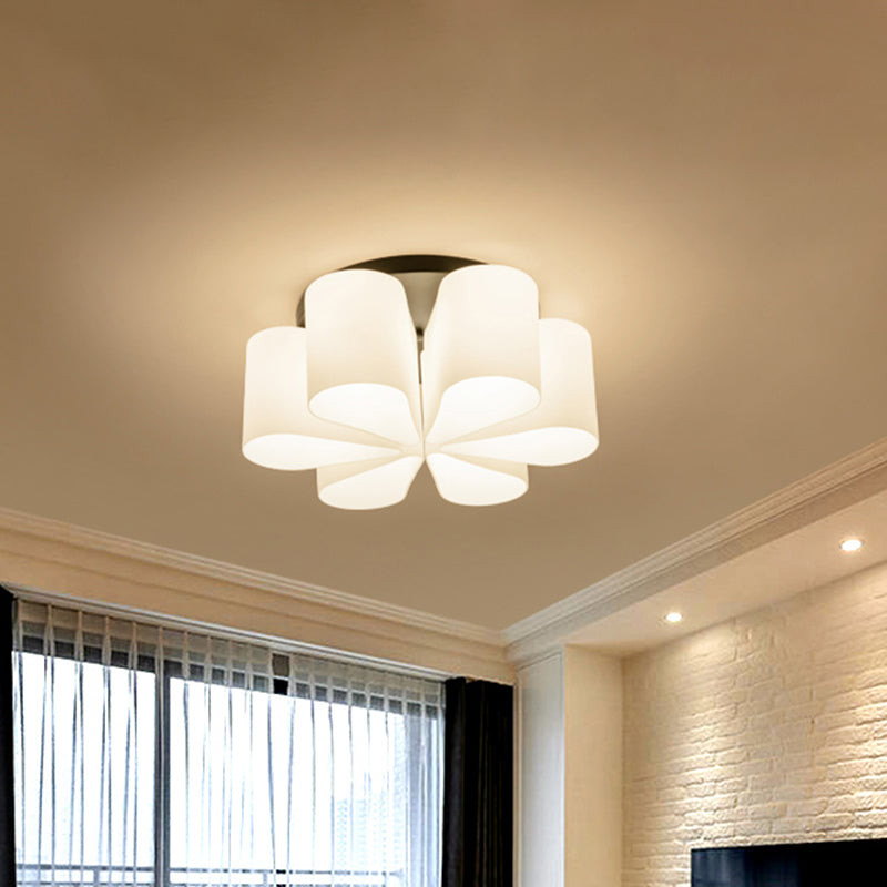Iluminación empotrada de cristal blanco leche de flores, soporte empotrado negro contemporáneo de 6 cabezas para sala de estar