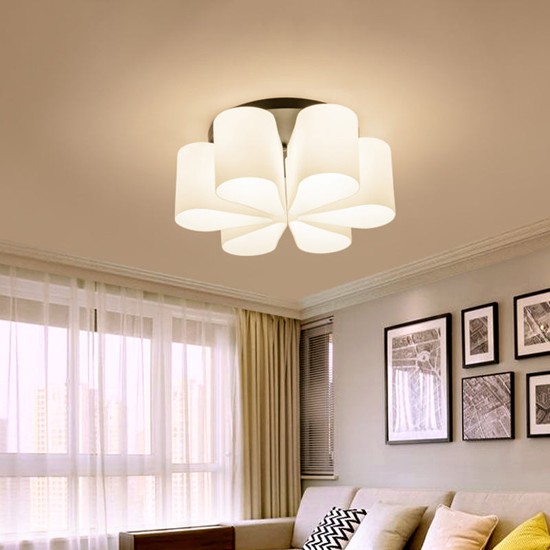 Iluminación empotrada de cristal blanco leche de flores, soporte empotrado negro contemporáneo de 6 cabezas para sala de estar