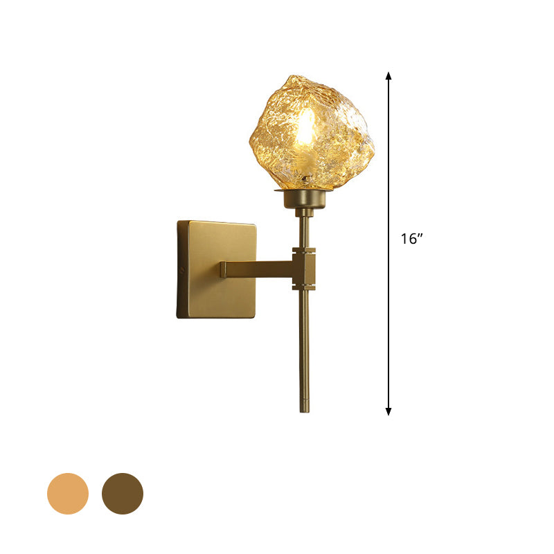 Brass Ice Block Wall Light Sconce Post Modern 1 Head Amber/Smoke Gray Glass Wall Mounted Lamp for Living Room