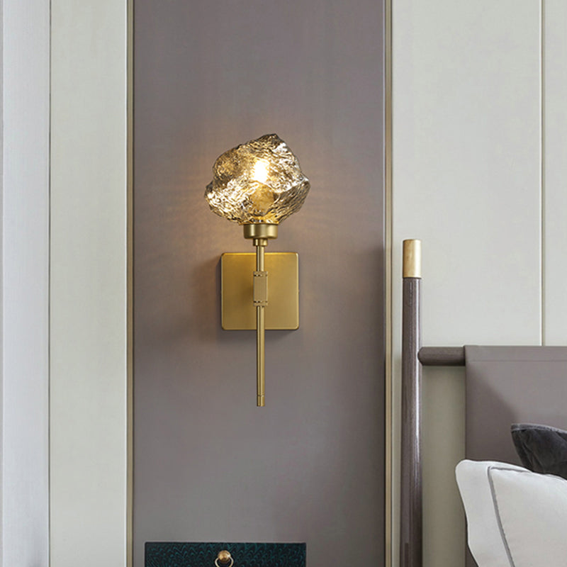 Brass Ice Block Wall Light Sconce Post Modern 1 Head Amber/Smoke Gray Glass Wall Mounted Lamp for Living Room