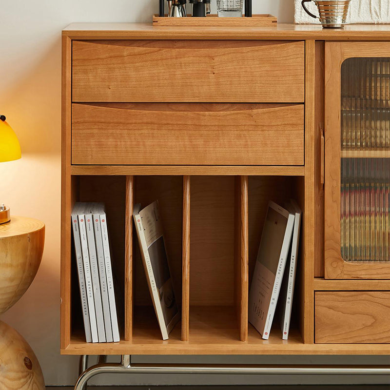 Contemporary Glass Doors Display Stand Pine Storage Cabinet for Dining Room