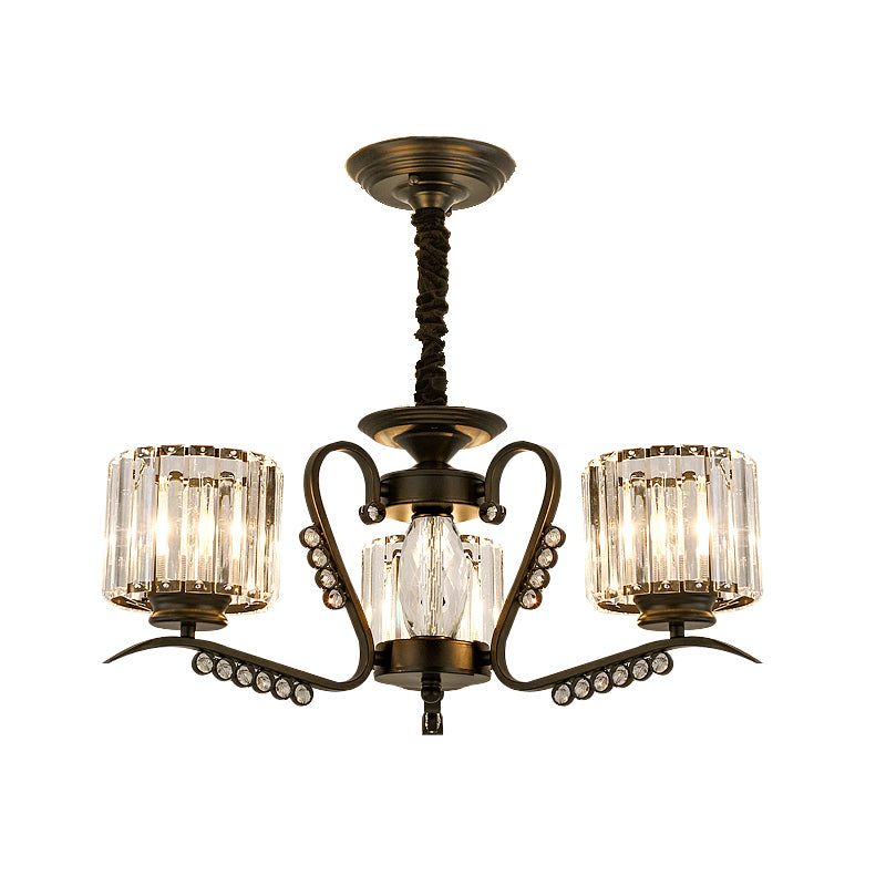3/5 Heads Ceiling Chandelier Modernism Living Room Suspension Light with Cylinder Crystal Shade in Black