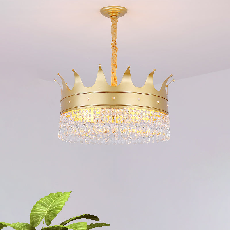 Kronenform Metall Kronleuchter Licht Modernismus 4-Bulb-Wohnzimmer Hanging Anhängerlampe in Gold mit Kristalltropfen