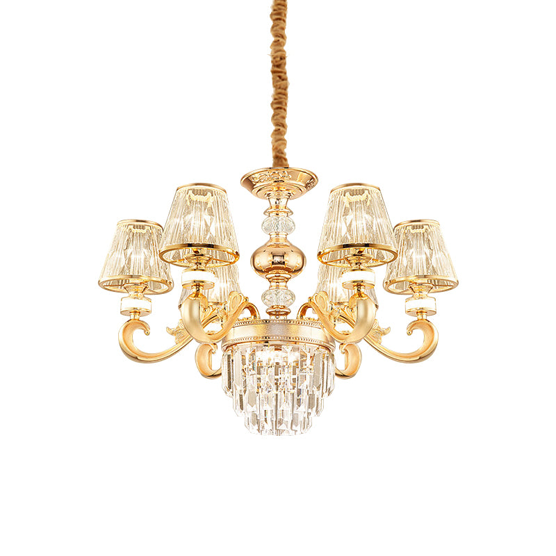 3-Tier Faceted Crystal Chandelier Lighting Modernism 6/8 Heads Living Room Hanging Lamp Kit in Gold with Conic Shade