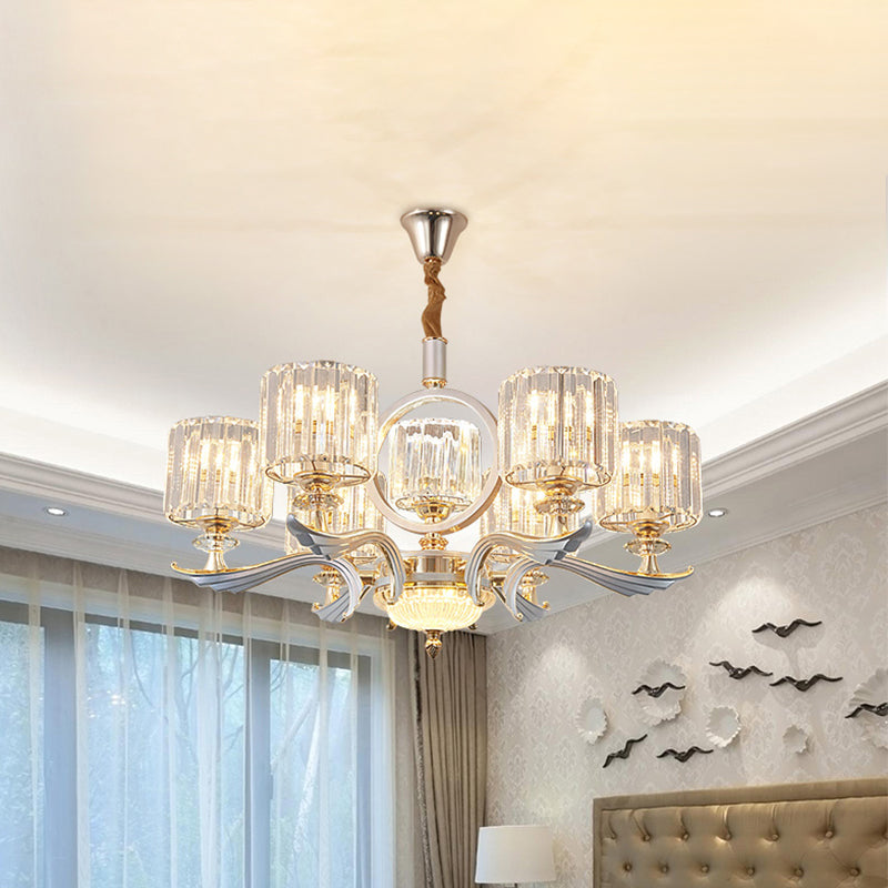 Crystal Block Cylinder Suspension Light Contemporary 6/8-Head Dining Room Chandelier in Silver