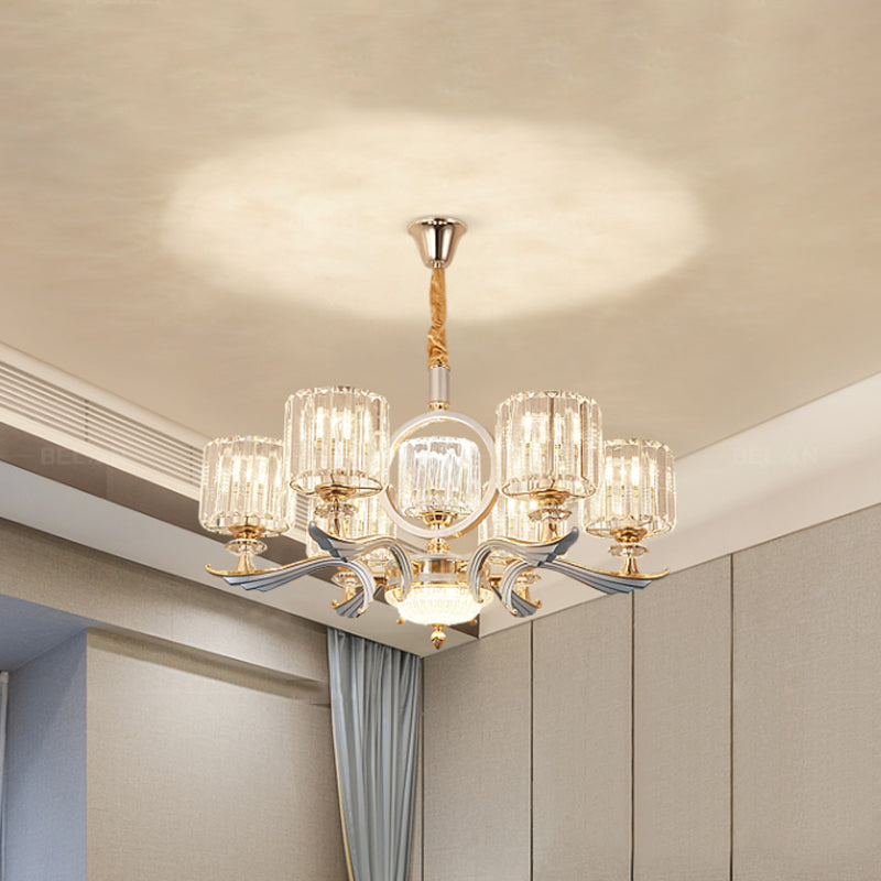 Crystal Block Cylinder Suspension Light Contemporary 6/8-Head Dining Room Chandelier in Silver