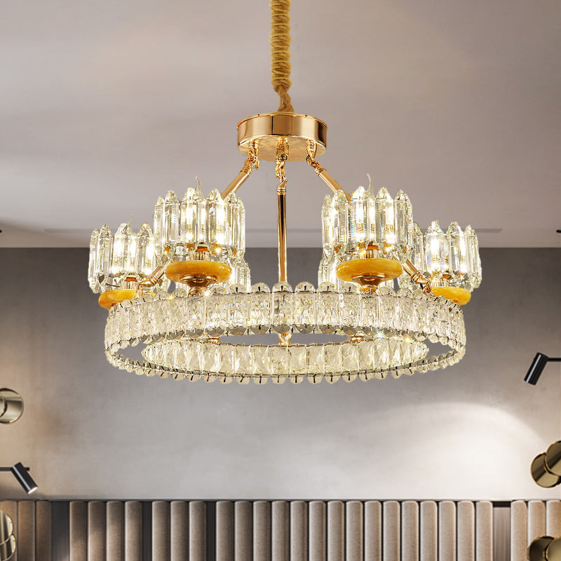 Cylinder Living Room Chandelier Lamp Modernism Crystal Block 6/8 Bulbs Gold Ring Ceiling Light