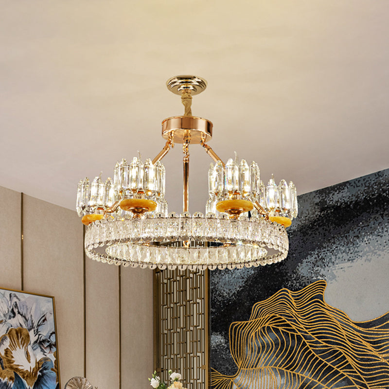 Cylinder Living Room Chandelier Lamp Modernism Crystal Block 6/8 Bulbs Gold Ring Ceiling Light