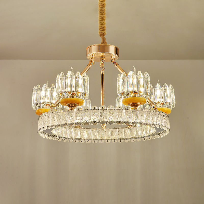 Cylinder Living Room Chandelier Lamp Modernism Crystal Block 6/8 Bulbs Gold Ring Ceiling Light