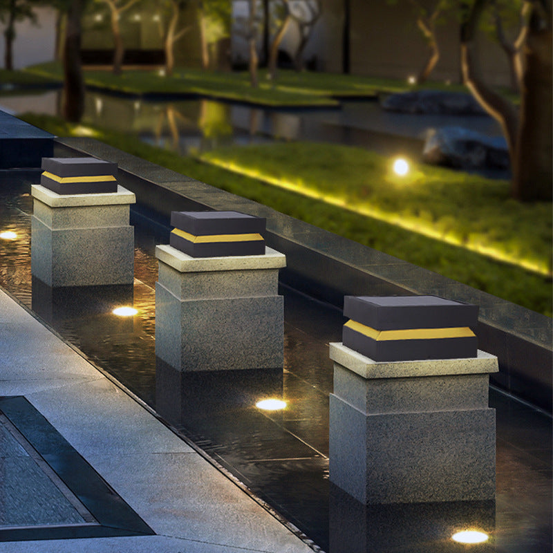 Rectangle Shape Metal Solar Pillar Lamp Modern 1 Light Waterproof Outdoor Light in Black