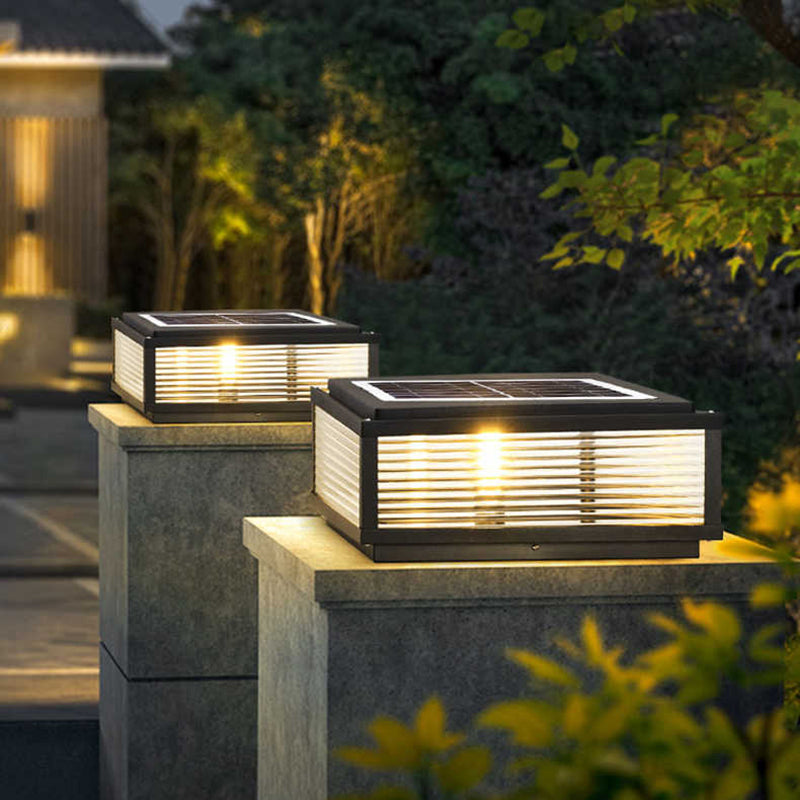 Metal Rectangle Shape Outdoor Light Modern 1-Light Solar Pillar Lamp in Black