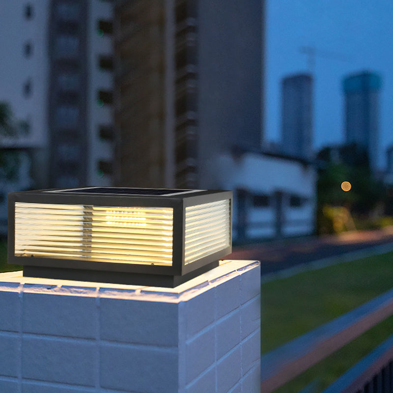 Metal Rectangle Shape Outdoor Light Modern 1-Light Solar Pillar Lamp in Black