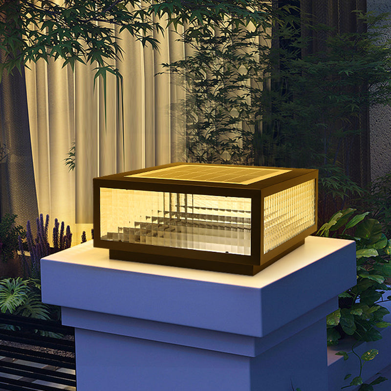 Metal Rectangle Shape Outdoor Light Modern 1-Light Solar Pillar Lamp in Black