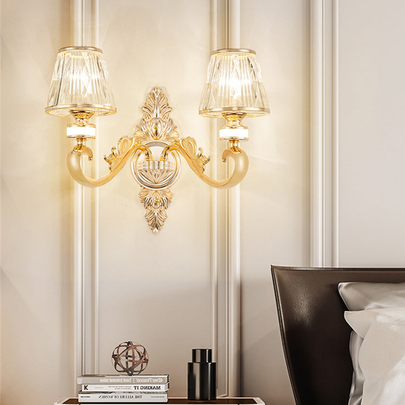 1/2-Head Wall Sconce Modern Bedside Wall Light Fixture with Cone Crystal Shade in Gold