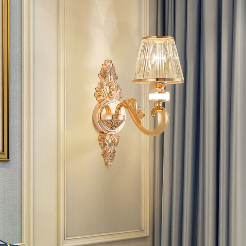 1/2-Head Wall Sconce Modern Bedside Wall Light Fixture with Cone Crystal Shade in Gold