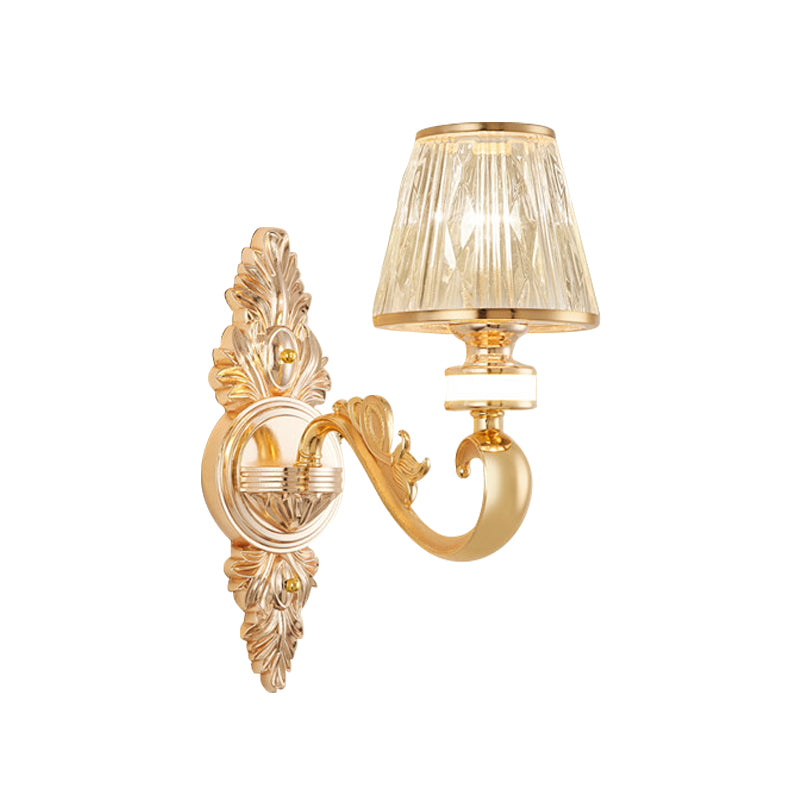 1/2-Head Wall Sconce Modern Bedside Wall Light Fixture with Cone Crystal Shade in Gold