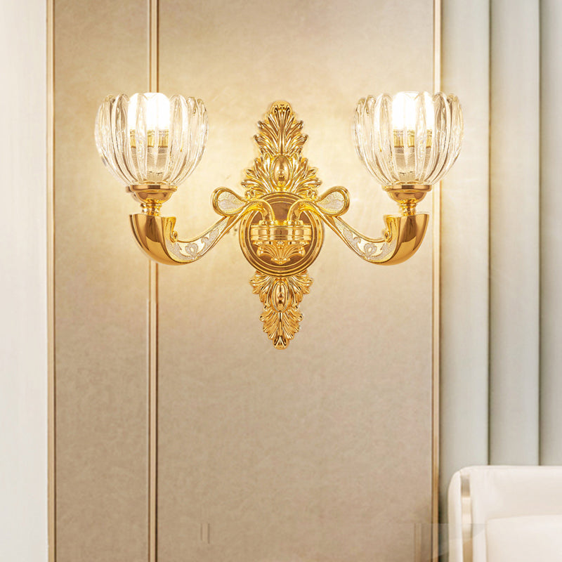 Beveled Crystal Dome Sconce Light Modernism 1/2-Bulb Bedroom Wall Mounted Lamp Fixture in Gold