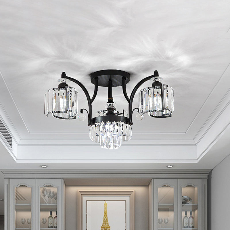 Metallic Curbe ARM SEMI FUSH MOUR MODERNE MODERNE 3/6 BULB DES PLAUDES PLAGE FUSHER EN NOIR AVEC CYLINDRE CRISTAL