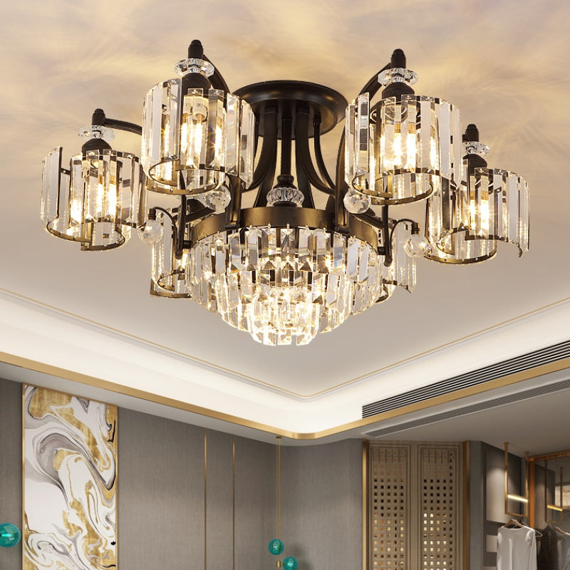 Metallic Curbe ARM SEMI FUSH MOUR MODERNE MODERNE 3/6 BULB DES PLAUDES PLAGE FUSHER EN NOIR AVEC CYLINDRE CRISTAL
