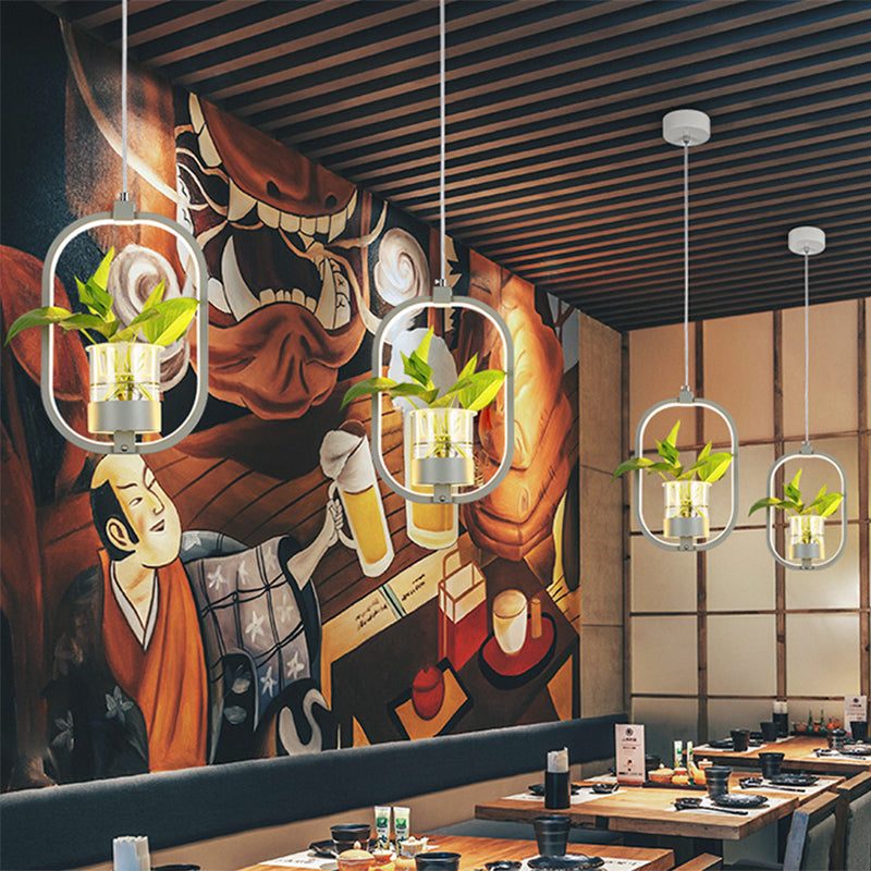 Oval Metal Suspension Pendant Antique 1 Head Restaurant LED Ceiling Light with Plant Cup in Black/Grey/White