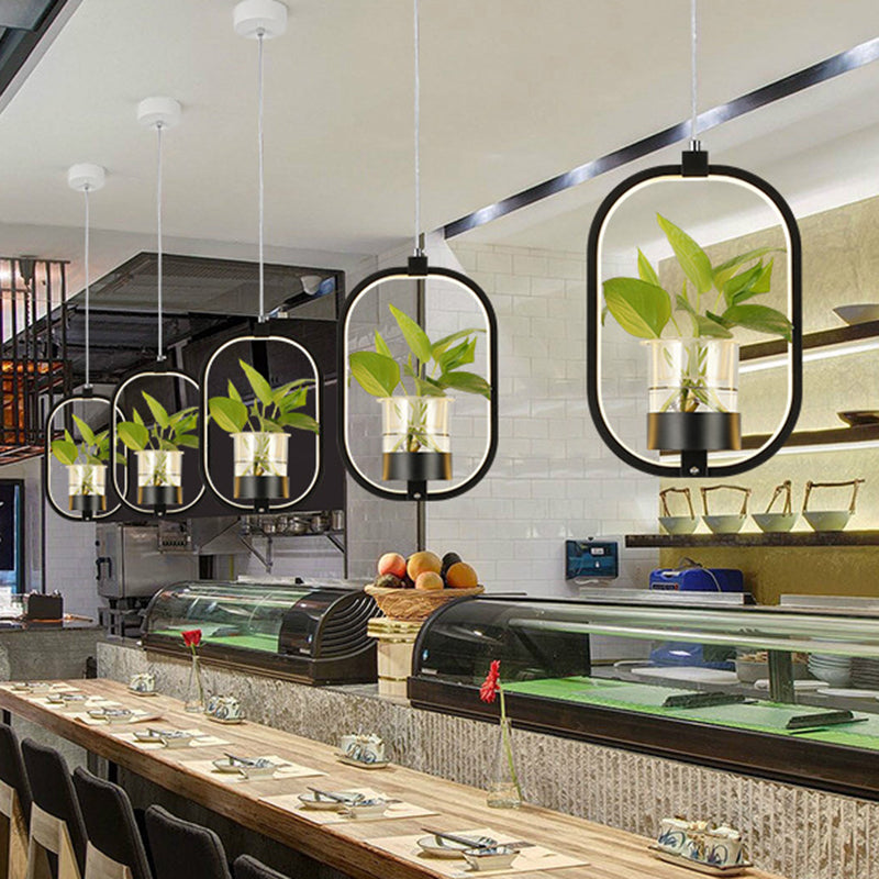 Oval Metal Suspension Pendant Antique 1 Head Restaurant LED Ceiling Light with Plant Cup in Black/Grey/White