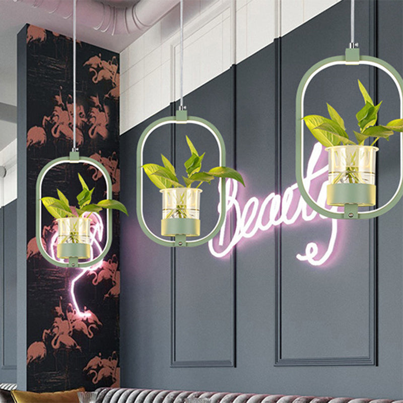 Oval Metal Suspension Pendant Antique 1 Head Restaurant LED Ceiling Light with Plant Cup in Black/Grey/White