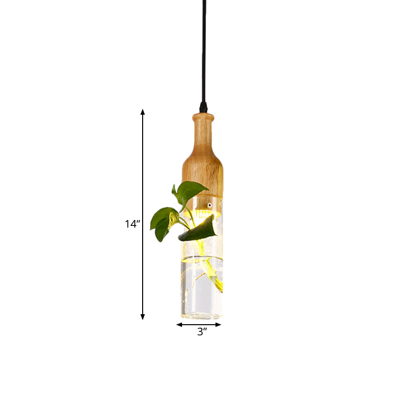 Wine Bottle Clear Glass Pendant Art Deco 1 Bulb Bedroom Plant Ceiling Hang Fixture in Wood