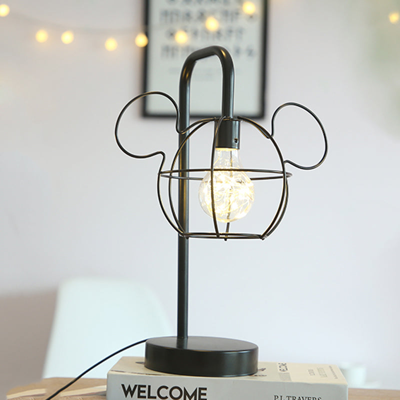 Black Mouse Head Table Lighting Kids Novelty Iron LED Night Stand Light with Gooseneck Arm and Cage Design