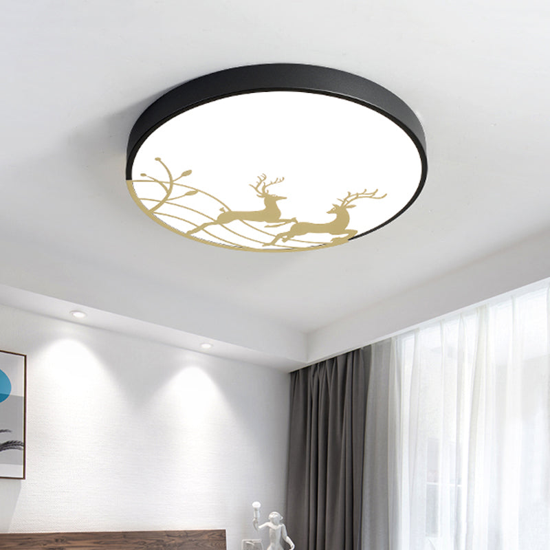 Elk Dance Patterned Round Flush Light Nordic Acrylic White/Black LED Ceiling Mount Lamp for Bedroom