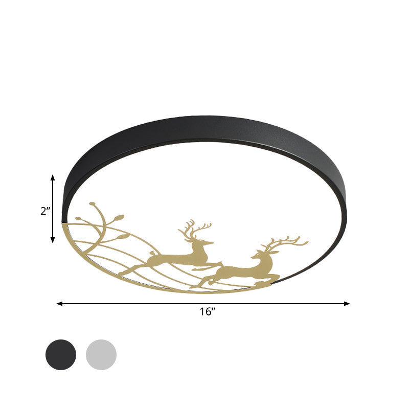 Elk Dance Patterned Round Flush Light Nordic Acrylic White/Black LED Ceiling Mount Lamp for Bedroom