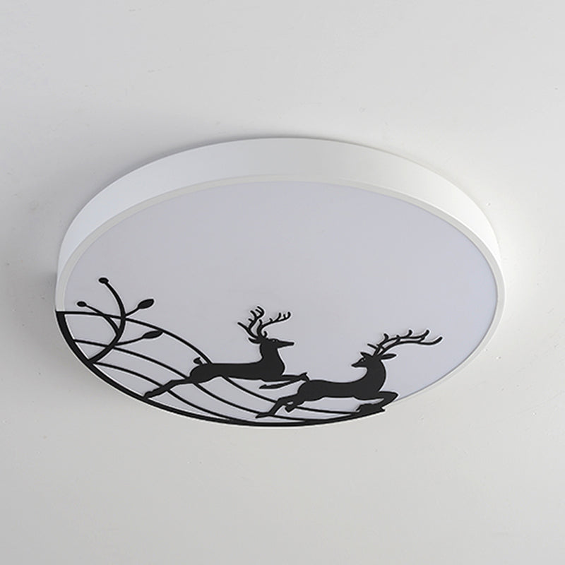 Elk Dance Patterned Round Flush Light Nordic Acrylic White/Black LED Ceiling Mount Lamp for Bedroom