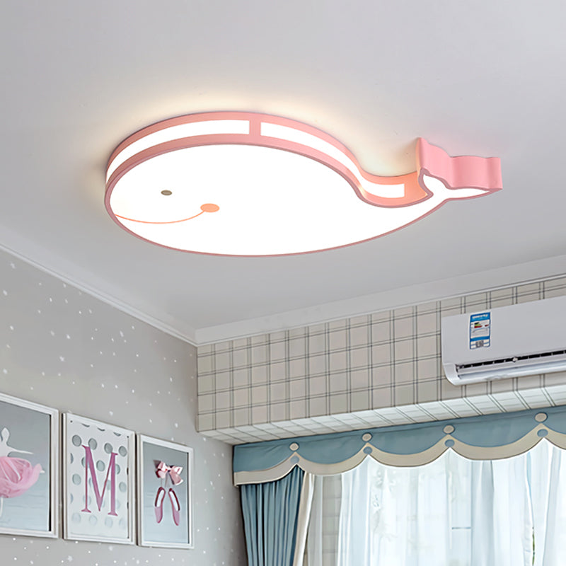 Whale Kids Dorm Ceiling Flush Iron Cartoon LED Flush Mount Light in White/Pink/Blue with Acrylic Diffuser