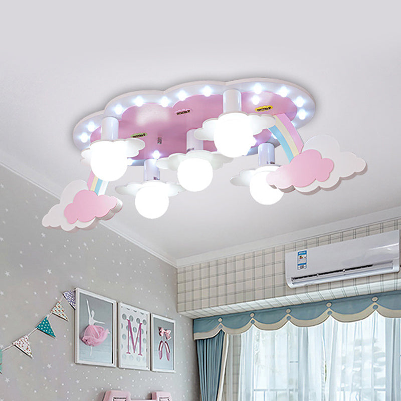 Rainbow Girl's Bedroom Ceiling Lamp Wood 5-Light Cartoon Flush Mount Fixture in Pink with Open Bulb Design